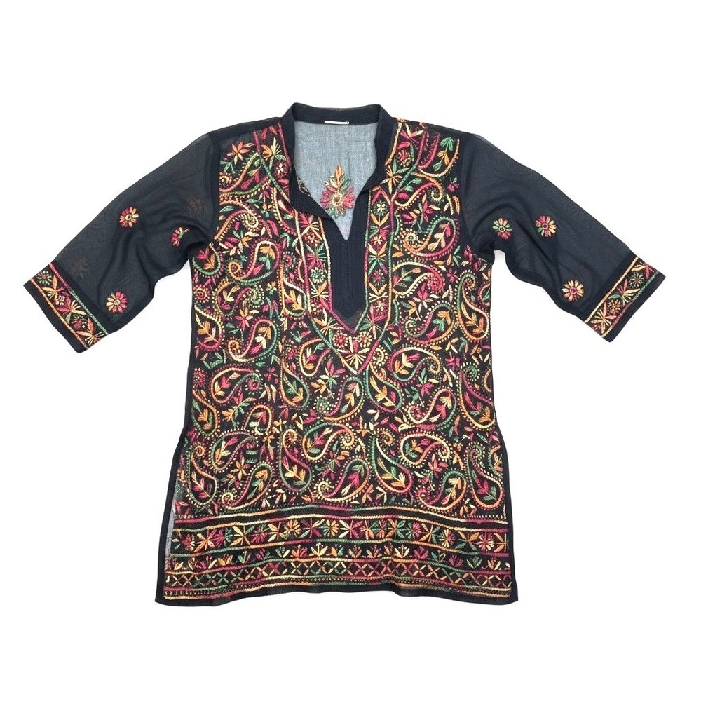 Paisley Embroidered Black Sheer Tunic Kurta Top Multicolor Floral Paisley Boho